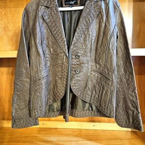 Vintage Black Rivet: Brown REAL Leather Jacket Womens L. Laser Cut accents Hi-Lo